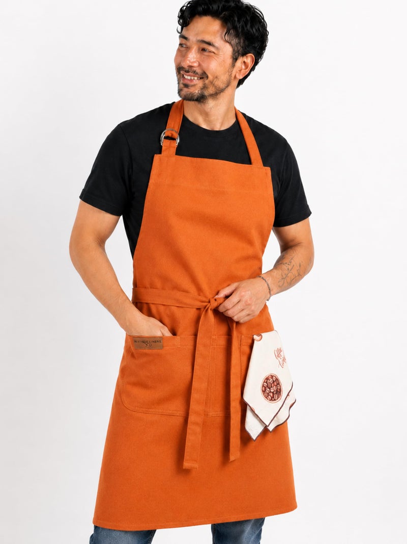 RUSTIQUE LINENS Kitchen Apron – 100% Cotton, Adjustable Neck strap, Large Pocket – Unisex Apron for Men & Women – Cooking, Baking, BBQ, Gardening – Ochre - Image 2