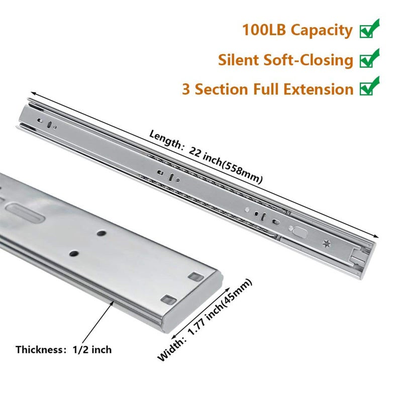 LONTAN 1 Pair Side Mount Heavy Duty Drawer Glides 22 inch Soft Close Drawer Slides 100 LB Capacity Ball Bearing Full Extension Cabinet Rails - Image 2