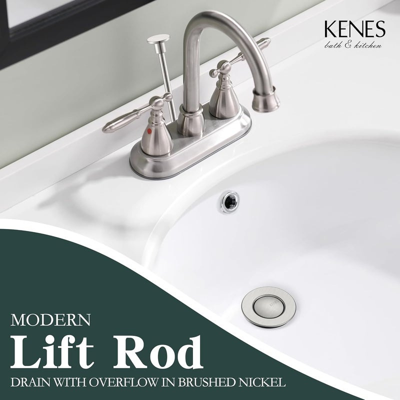 KENES Bathroom Sink Drain Stopper Assembly with Lift Rod, Brushed Nickel Sink Drain with Overflow, Lavatory Pop Up Drain Assembly for Bathroom Vanity Sink, LJ-P701 - Image 2