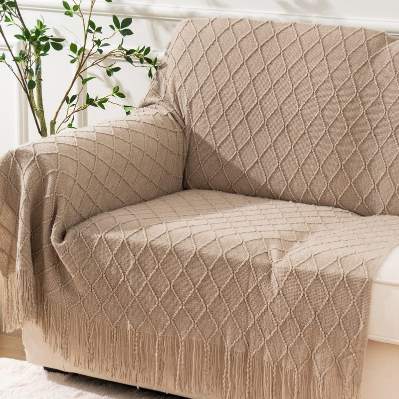 BATTILO HOME Khaki Throw Blanket for Couch, Boho Bed Tan Throws, Spring Decorative Taupe Throw for Sofa Foot of Bed, 50"x60" - Image 5