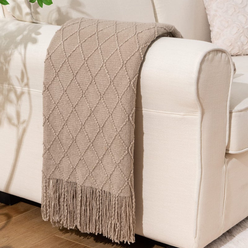 BATTILO HOME Khaki Throw Blanket for Couch, Boho Bed Tan Throws, Spring Decorative Taupe Throw for Sofa Foot of Bed, 50"x60" - Image 1