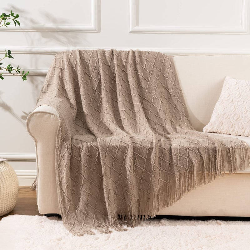 BATTILO HOME Khaki Throw Blanket for Couch, Boho Bed Tan Throws, Spring Decorative Taupe Throw for Sofa Foot of Bed, 50"x60" - Image 3