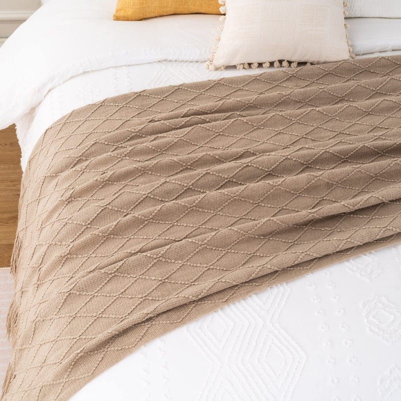 BATTILO HOME Khaki Throw Blanket for Couch, Boho Bed Tan Throws, Spring Decorative Taupe Throw for Sofa Foot of Bed, 50"x60" - Image 4