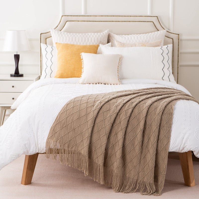 BATTILO HOME Khaki Throw Blanket for Couch, Boho Bed Tan Throws, Spring Decorative Taupe Throw for Sofa Foot of Bed, 50"x60" - Image 2