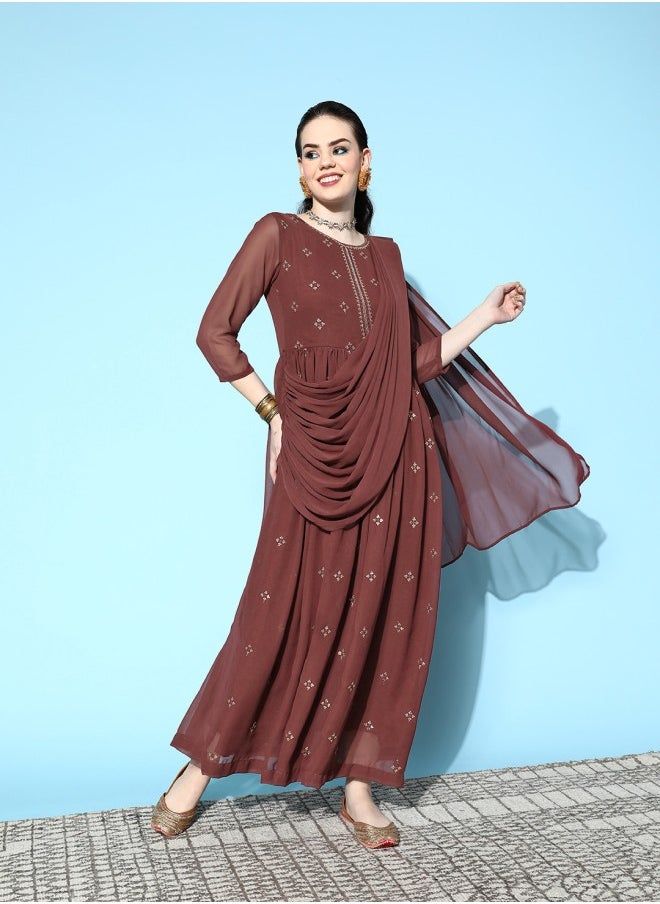 ISHIN A-Line Fit Self Design Pattern Round Neck Three-Fourth Sleeve Brown Colour Woven Georgette Dresses  - Image 3