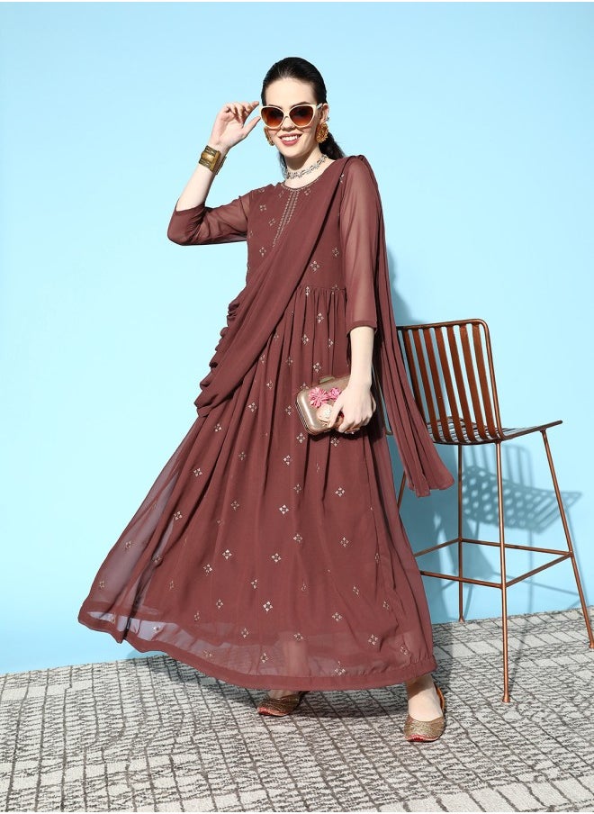 ISHIN A-Line Fit Self Design Pattern Round Neck Three-Fourth Sleeve Brown Colour Woven Georgette Dresses  - Image 1