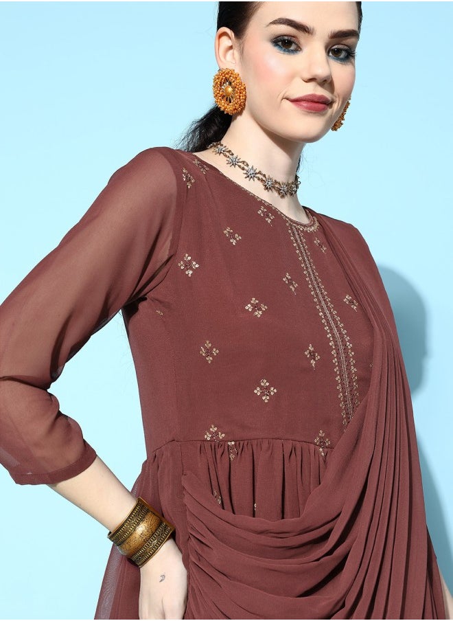 ISHIN A-Line Fit Self Design Pattern Round Neck Three-Fourth Sleeve Brown Colour Woven Georgette Dresses  - Image 2