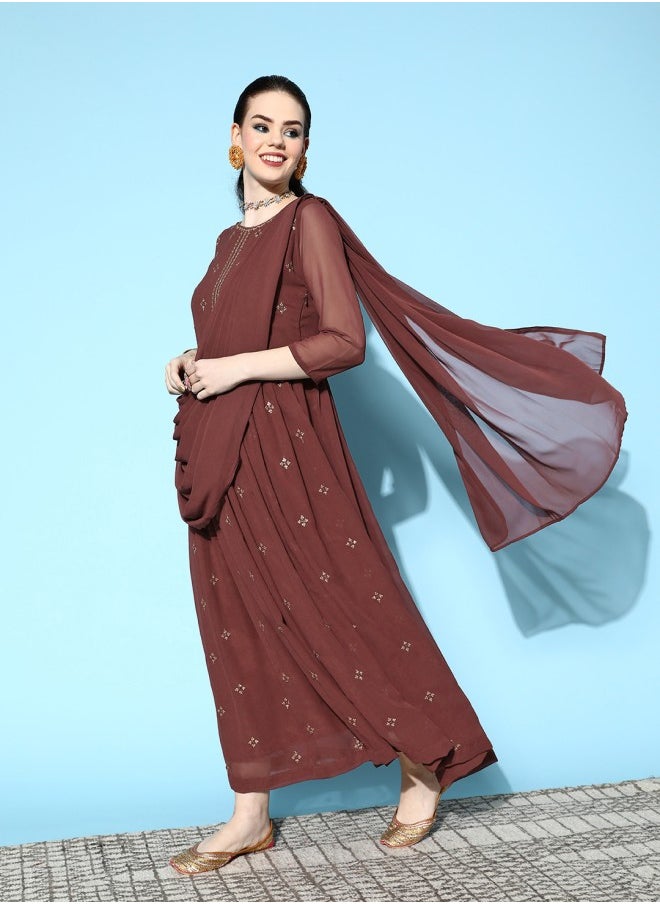 ISHIN A-Line Fit Self Design Pattern Round Neck Three-Fourth Sleeve Brown Colour Woven Georgette Dresses  - Image 5