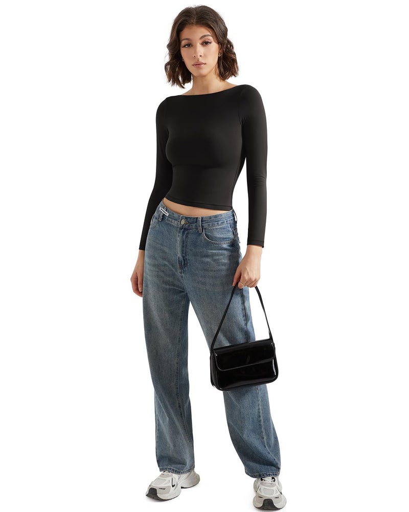 SUUKSESS Women Crew Neck Long Sleeve T Shirts Double Lined Tight Fitted Crop Top (Black,XS) - Image 5