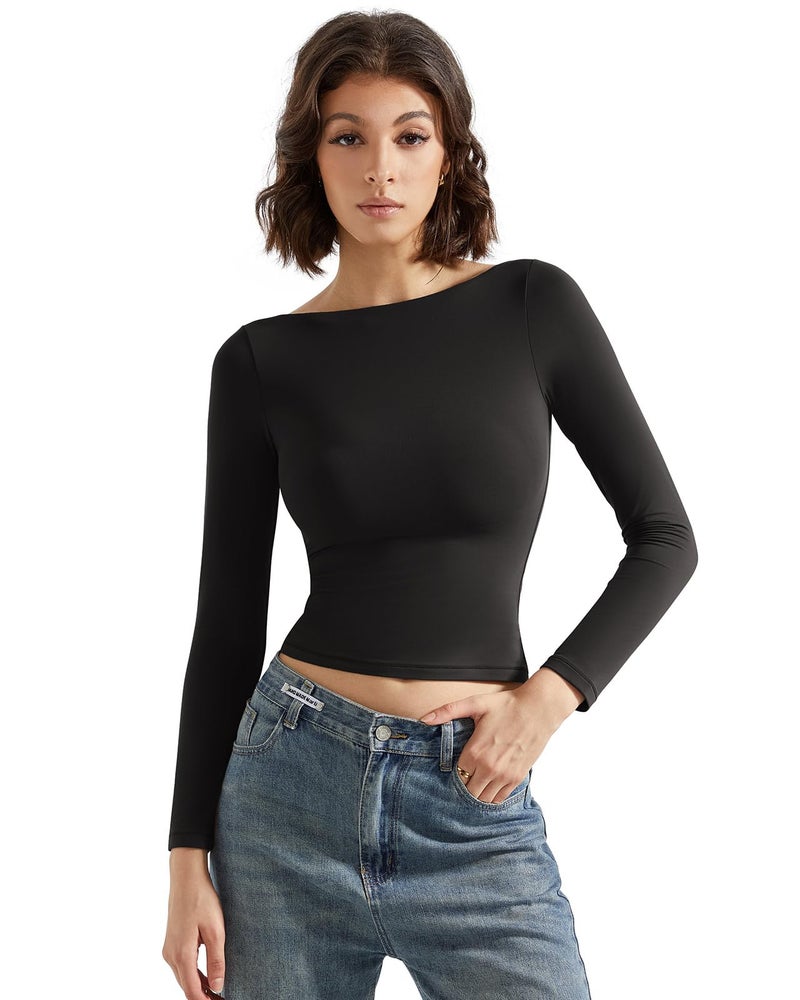 SUUKSESS Women Crew Neck Long Sleeve T Shirts Double Lined Tight Fitted Crop Top (Black,XS) - Image 3
