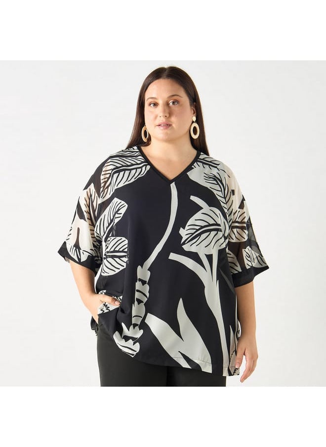 Ulla Popken Plus Size Ulla Popken All-Over Print V-neck Top with Short Sleeves  - Image 1