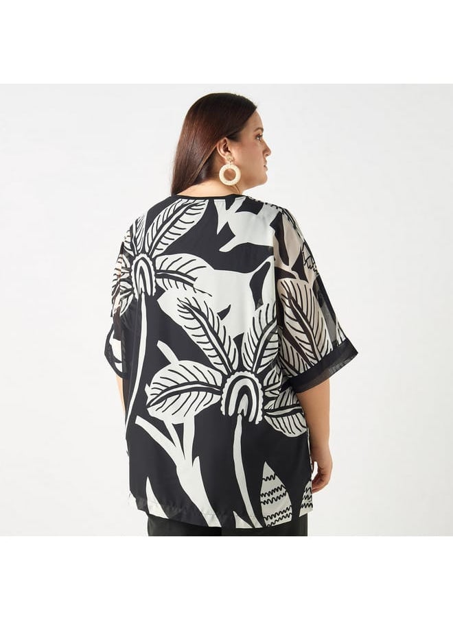 Ulla Popken Plus Size Ulla Popken All-Over Print V-neck Top with Short Sleeves  - Image 3