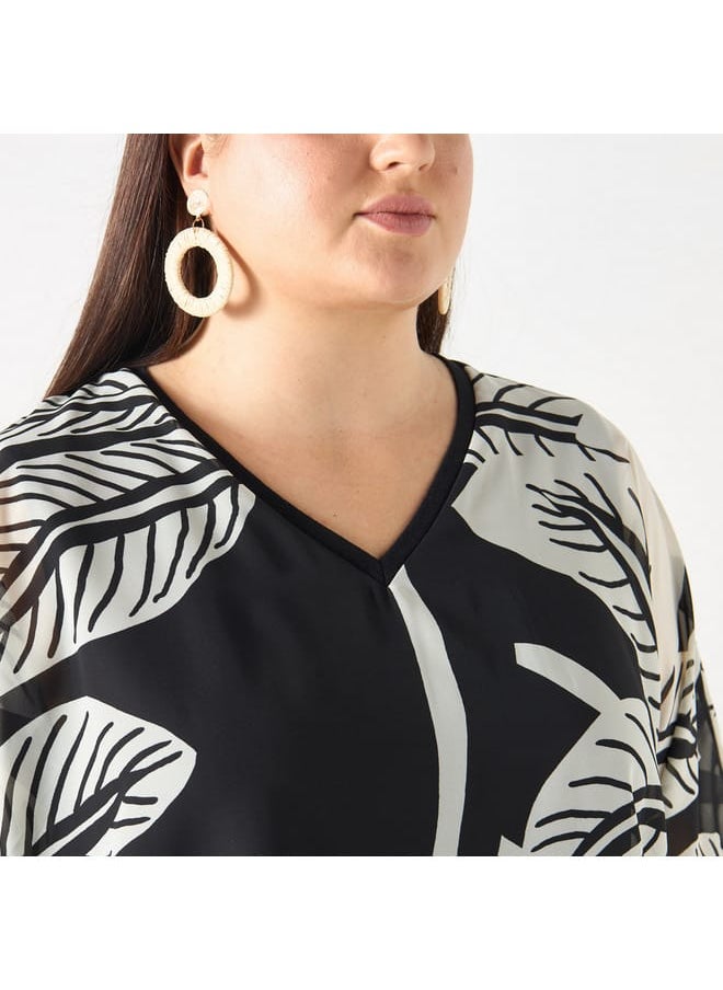 Ulla Popken Plus Size Ulla Popken All-Over Print V-neck Top with Short Sleeves  - Image 4
