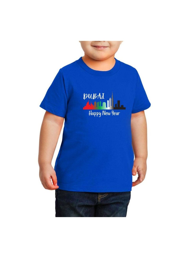 Happy New Year Dubai Kids Boys T-Shirt Round Neck Short Sleeve Cotton T-Shirt With Happy New Year And Dubai Design-Perfect For New Year Celebrations - Image 1