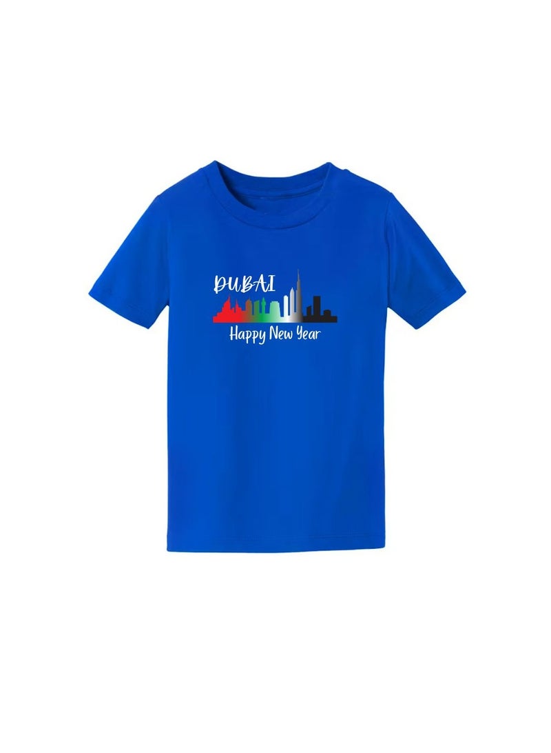 Happy New Year Dubai Kids Boys T-Shirt Round Neck Short Sleeve Cotton T-Shirt With Happy New Year And Dubai Design-Perfect For New Year Celebrations - Image 3