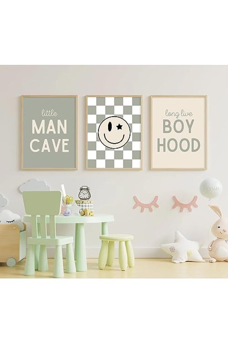 Baccone Long Live Boyhood Wall Art Nursery Baby Boys Canvas Wall Art Decor Preppy Retro Poster Prints Kids Little Man Cave Pictures Sage Green Artwork for Room Bedroom Set of 3 12x16 Inch Unframed - Image 5