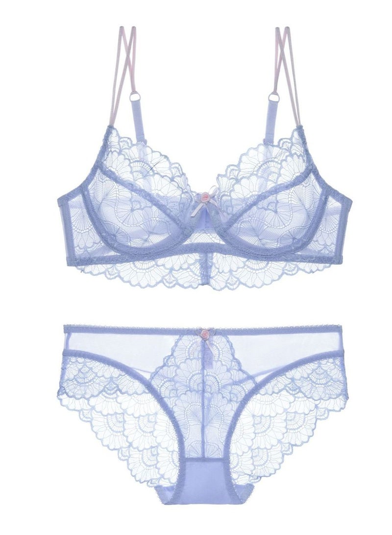 Breathable Ultra Thin Cup Lace Bra And Panty Set Blue