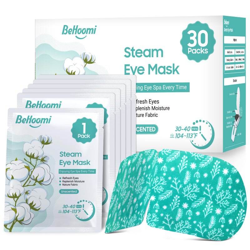 BeHoomi 30Packs Steam Eye Mask, Heated Eye Mask Warm Compress for Eyes, Self Heating Disposable Steam Mask for Home Sleep, Spa, Travel Essentials & Relaxation Gifts, Stocking Stuffers (Unscented) - Image 1