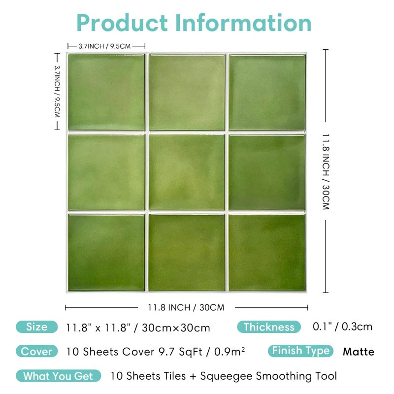 Commomy 10 Pcs Matte 3D Peel and Stick Tile 11.8"x11.8" Ultralight PVC Square Peel and Stick Backsplash for Kitchen Stick on Tiles for Bathroom,Living Room,Fireplace,Interior Wall Decor,Green - Image 5
