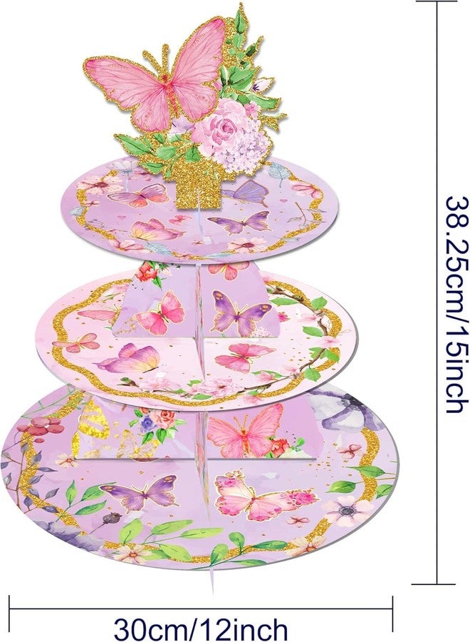 PartyToko 3 Tier Butterfly Cupcake Stand Butterfly Birthday Decorations Spring Cupcake Stand Holder Pink Purple Dessert Tower for Baby Shower Wedding Birthday Party Supplies Decoration 1pcs - Image 2