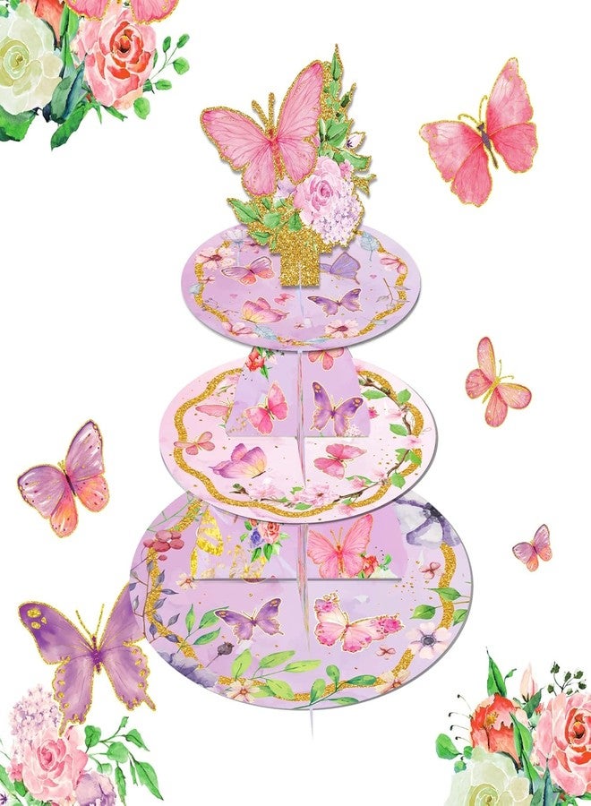 PartyToko 3 Tier Butterfly Cupcake Stand Butterfly Birthday Decorations Spring Cupcake Stand Holder Pink Purple Dessert Tower for Baby Shower Wedding Birthday Party Supplies Decoration 1pcs - Image 1