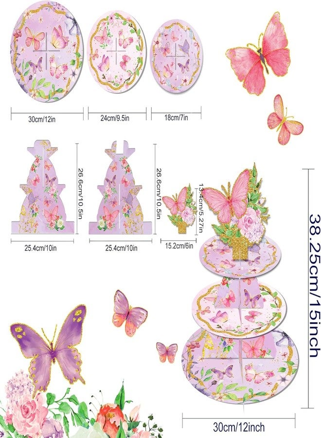 PartyToko 3 Tier Butterfly Cupcake Stand Butterfly Birthday Decorations Spring Cupcake Stand Holder Pink Purple Dessert Tower for Baby Shower Wedding Birthday Party Supplies Decoration 1pcs - Image 3