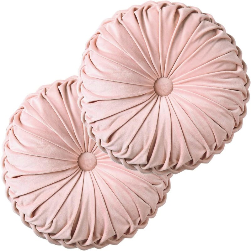 Hi -G HIG Set of 2 Pink Ruched Velvet Round Throw Pillows 145 Decorative Pillows with Soft Polyester Filling for Couch Bed Living Room Bedroom or Dorm Handmade Stress Relieving AllSeason - Image 2