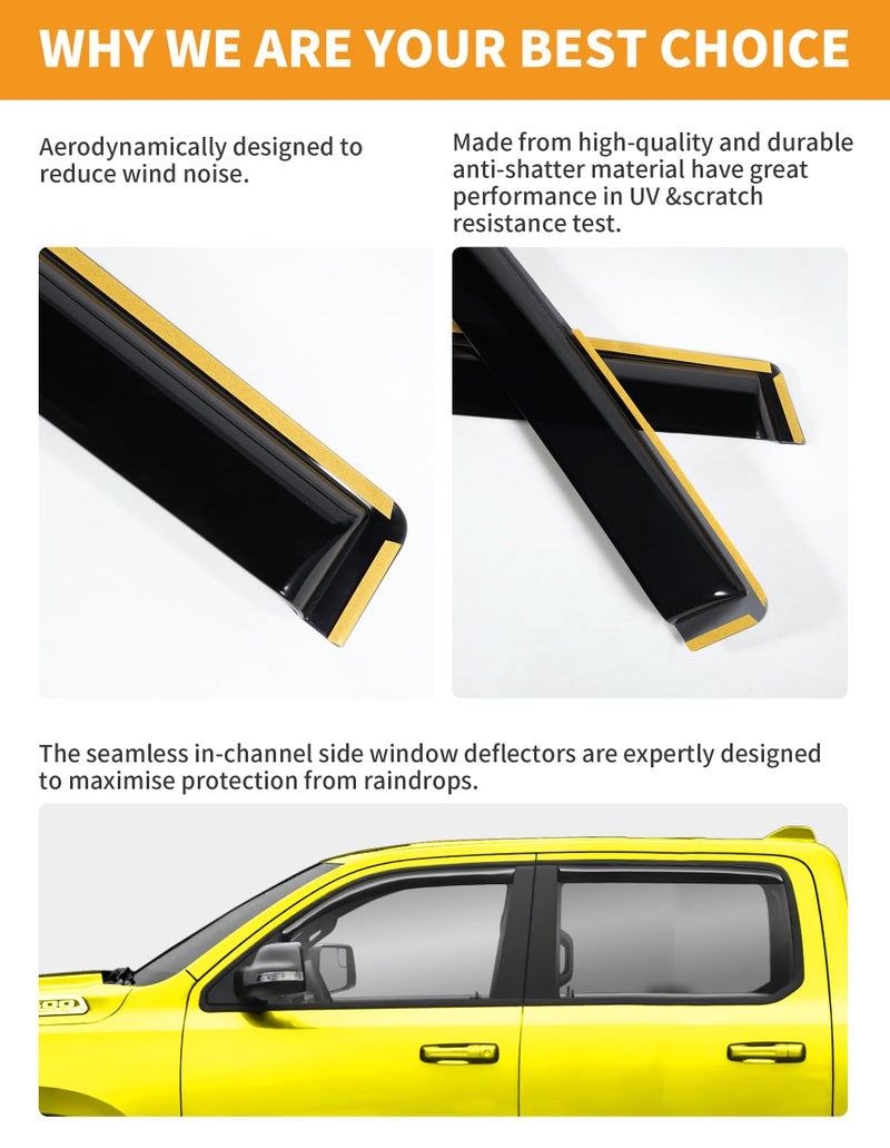 Deejecsun in-Channel Window Rain Guards Fit for Dodge RAM 1500 Crew Cab (New Body Style Includes TRX) 2019-2026 Rain Guard Extra Durable Window Deflectors Vent Visors Vent Shades Truck Accessories - Image 5