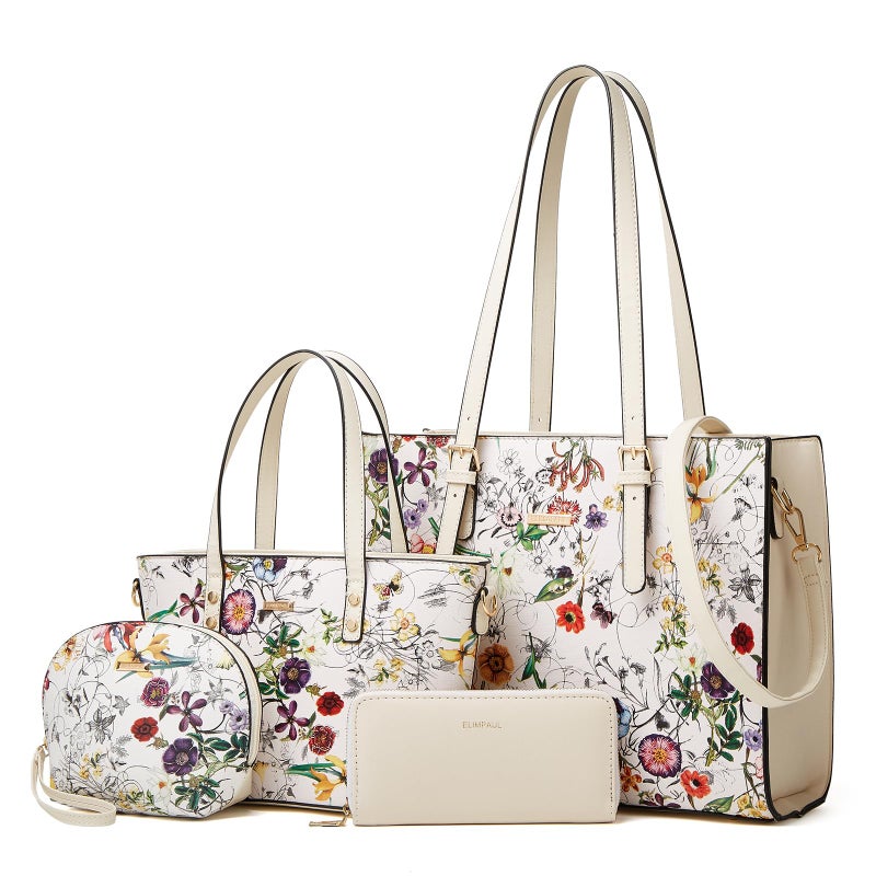 Women Fashion Synthetic Leather Handbags Tote Bag Shoulder Bag Top Handle Satchel Purse Set 4pcs