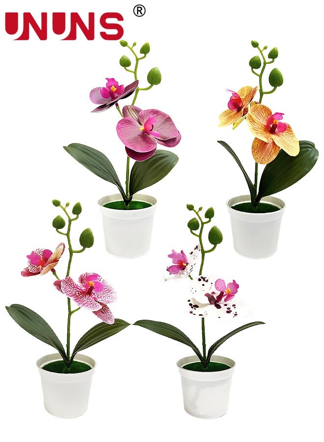 UNUNS Fake Plants Potted,4pcs Artificial Orchid Potted Plant Set,Faux Flowers,Artificial Phalaenopsis potted plants,Plastic Flowers for Office Living Room Study Room Party Wedding Decorations Room,25x13cm - Image 1