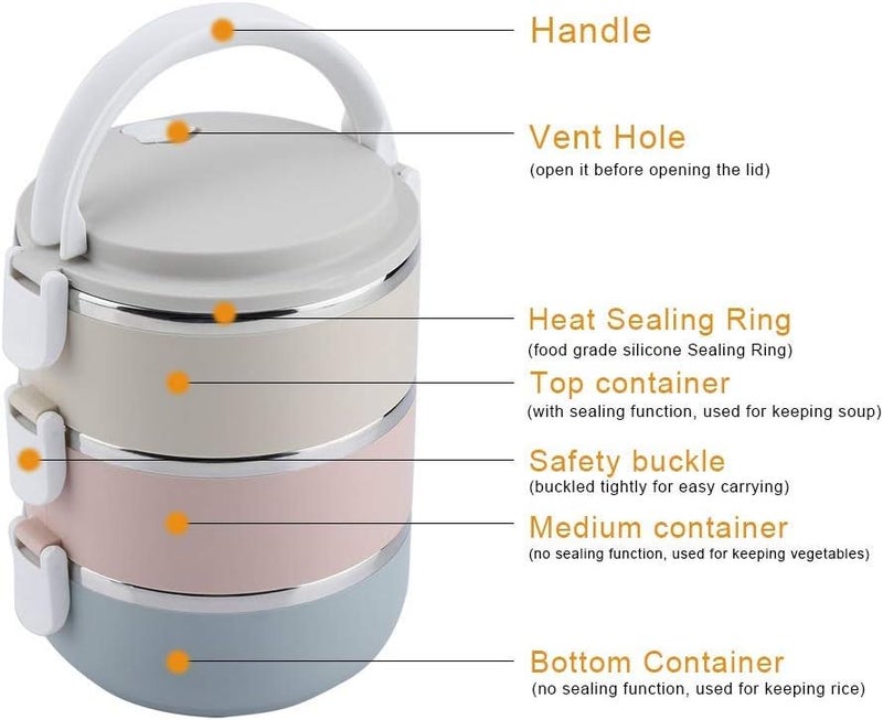 comfrt 2100ml Stainless Steel Lunch Box, 3-Layer Portable Stackable Thermal Insulated Lunch Bento Box Hot Food Container for Adult Kids School Office Picnic - Image 5