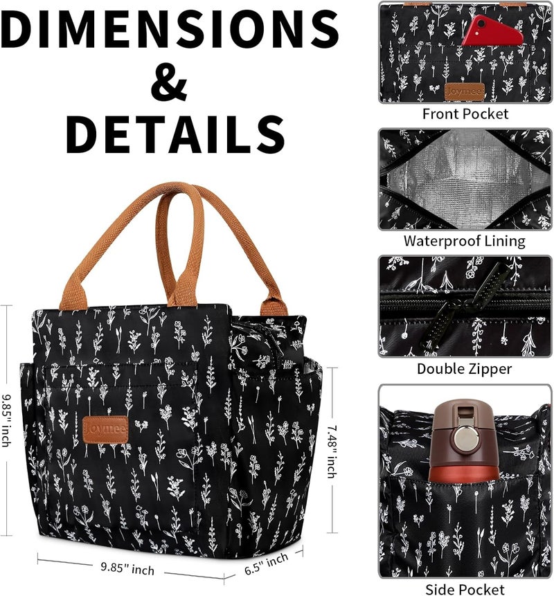 Joymee Lunch Bag Women Insulated Lunch Box Reusable Leakproof Large Cooler Tote for Womens Mens Adults with Bottle Holder and Side Pockets for Work Office Picnic - White Little Flowers - Image 2