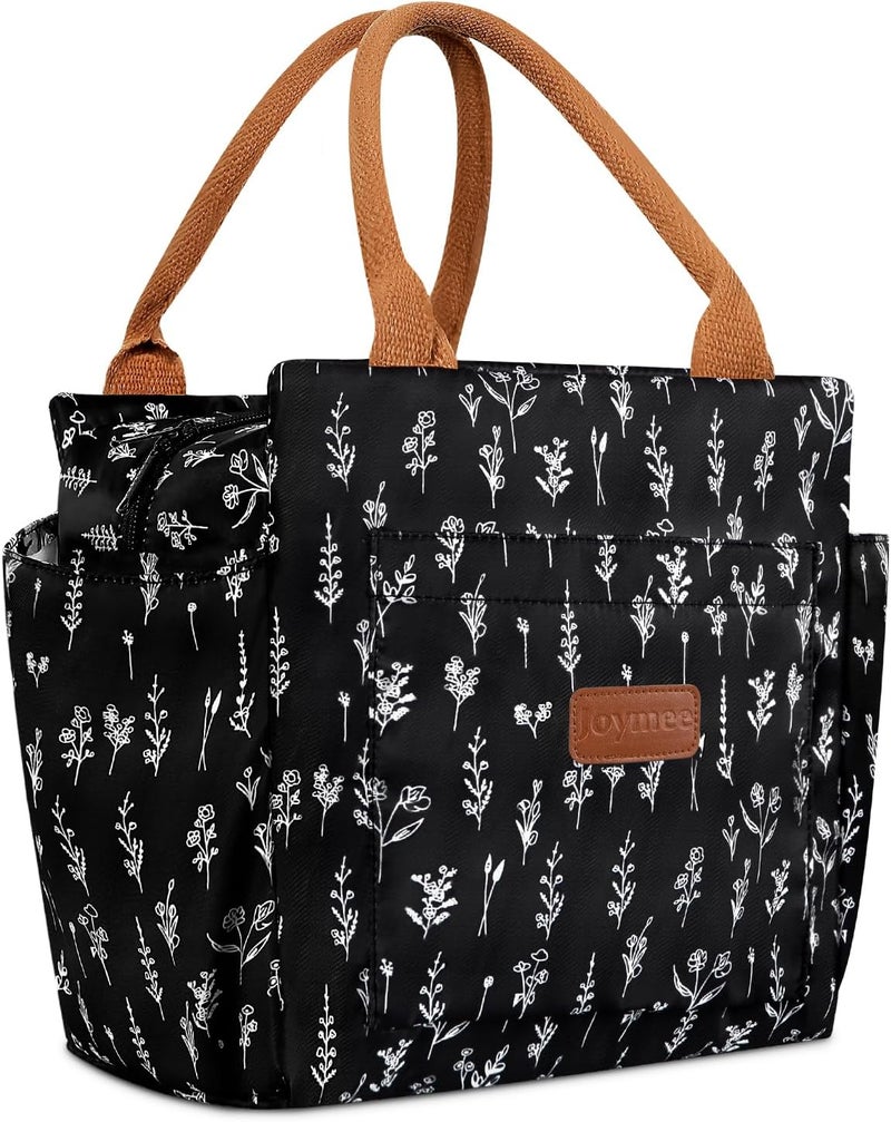 Joymee Lunch Bag Women Insulated Lunch Box Reusable Leakproof Large Cooler Tote for Womens Mens Adults with Bottle Holder and Side Pockets for Work Office Picnic - White Little Flowers - Image 1
