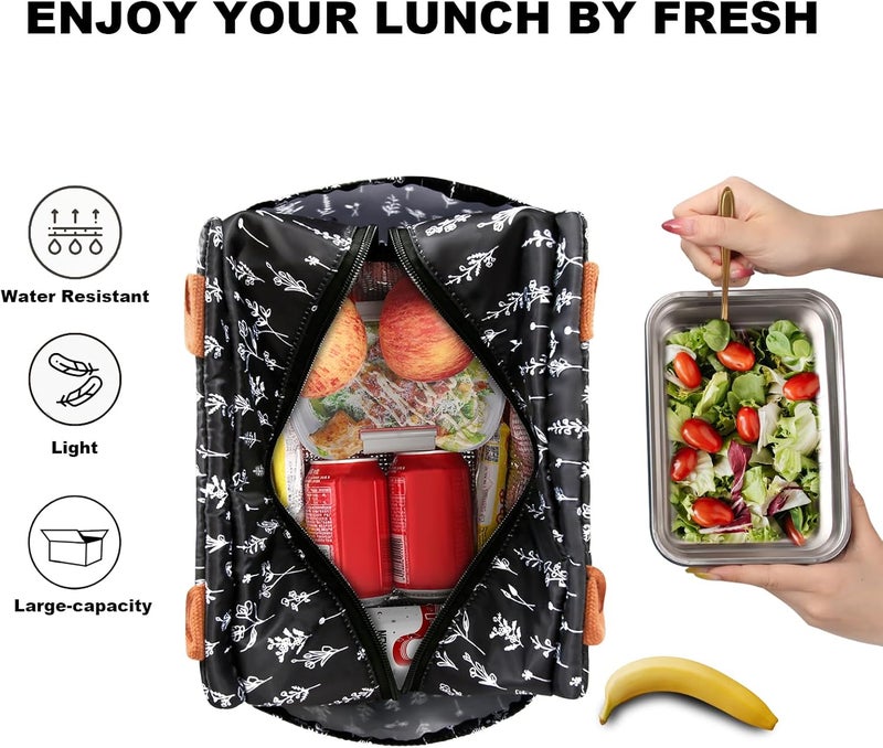 Joymee Lunch Bag Women Insulated Lunch Box Reusable Leakproof Large Cooler Tote for Womens Mens Adults with Bottle Holder and Side Pockets for Work Office Picnic - White Little Flowers - Image 3