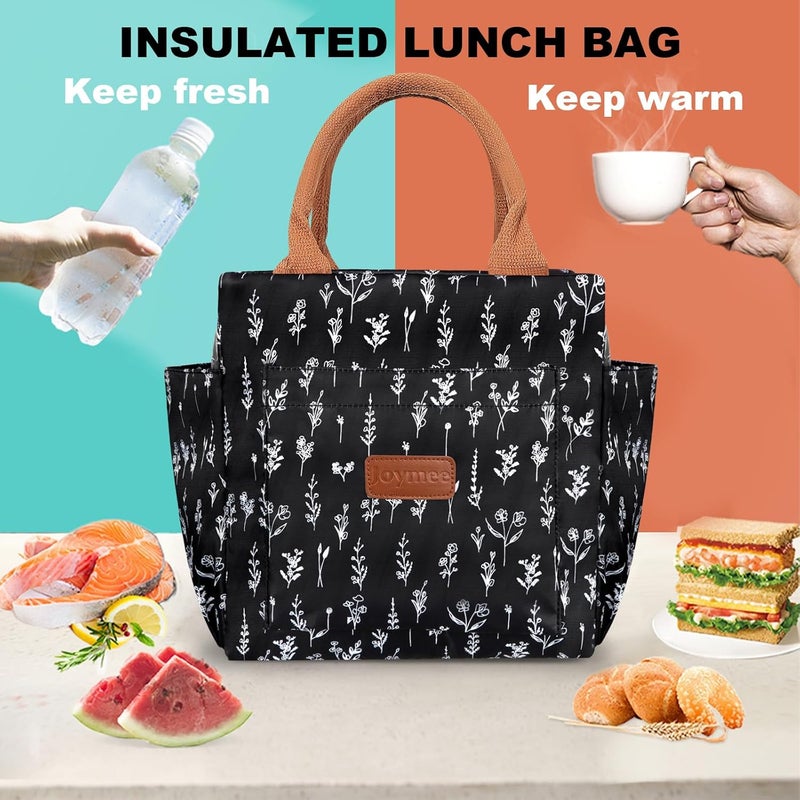 Joymee Lunch Bag Women Insulated Lunch Box Reusable Leakproof Large Cooler Tote for Womens Mens Adults with Bottle Holder and Side Pockets for Work Office Picnic - White Little Flowers - Image 5