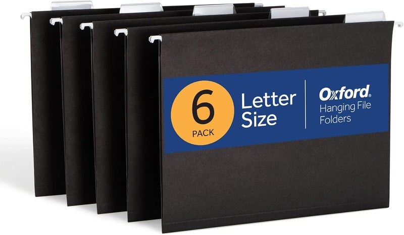 Oxford Hanging File Folders, 6 Pack, Letter Size (8.5" x 11"), Black, 1/5 Cut for 5 Tab Positions, Includes Tabs and Inserts, Hanging Files for Office and Document Organization - Image 1