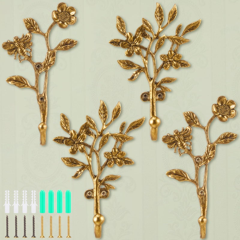 BrightRow 4 Pack Vintage Flower and Bee Hooks for Wall Decorative Coat Hooks Heavy Duty Farmhouse Wall Mounted Cast Iron Rack Hangers for Hanging Clothes Coats Towels Keys Hats(5.5 to 6.1 Inch) - Image 1