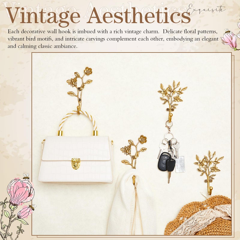 BrightRow 4 Pack Vintage Flower and Bee Hooks for Wall Decorative Coat Hooks Heavy Duty Farmhouse Wall Mounted Cast Iron Rack Hangers for Hanging Clothes Coats Towels Keys Hats(5.5 to 6.1 Inch) - Image 5