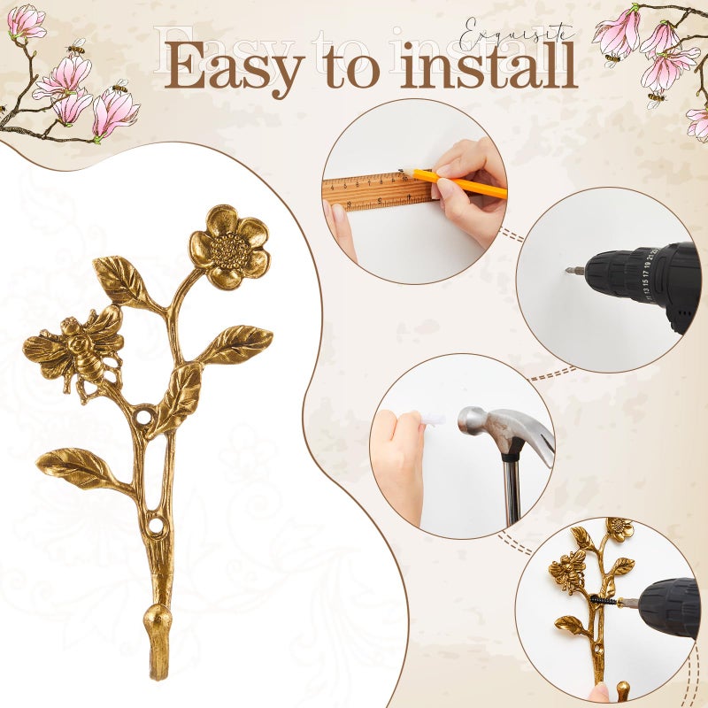 BrightRow 4 Pack Vintage Flower and Bee Hooks for Wall Decorative Coat Hooks Heavy Duty Farmhouse Wall Mounted Cast Iron Rack Hangers for Hanging Clothes Coats Towels Keys Hats(5.5 to 6.1 Inch) - Image 3