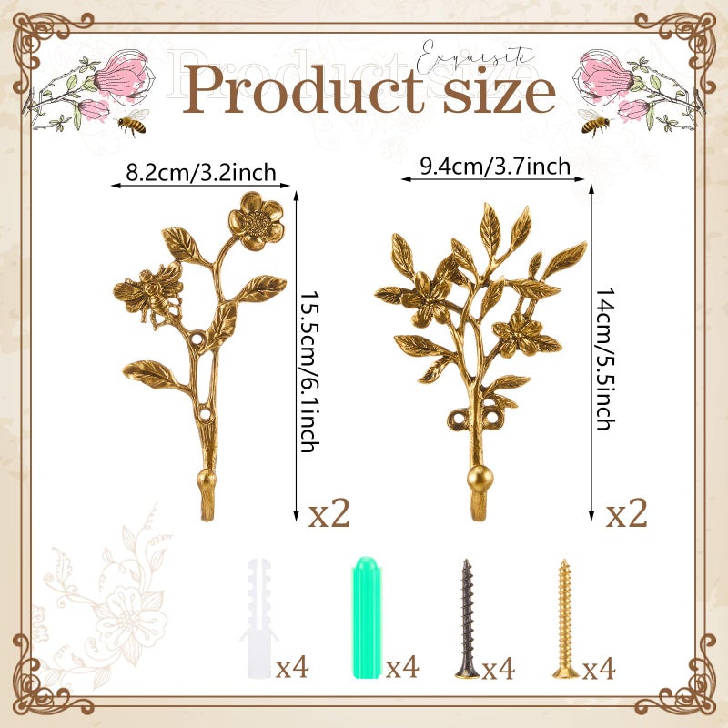 BrightRow 4 Pack Vintage Flower and Bee Hooks for Wall Decorative Coat Hooks Heavy Duty Farmhouse Wall Mounted Cast Iron Rack Hangers for Hanging Clothes Coats Towels Keys Hats(5.5 to 6.1 Inch) - Image 2
