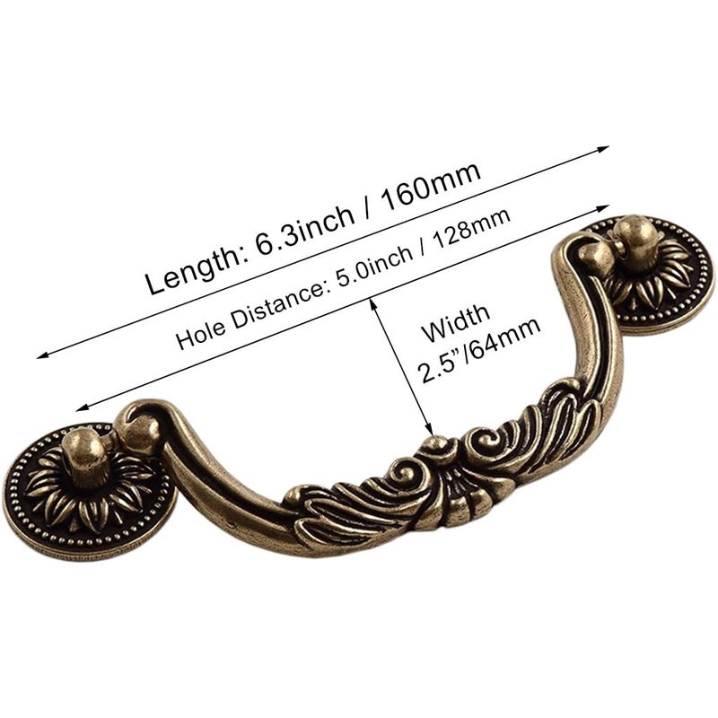 ESreake 6PCS Antique Bronze Drop Bail Pulls,Vintage Carved Cabinet Pulls Handles,5.0" Hole Centers Retro Drawer Knobs,Texture on Handle for Drawer Dresser Closet with Screws (Large 5" Hole Centers) - Image 2