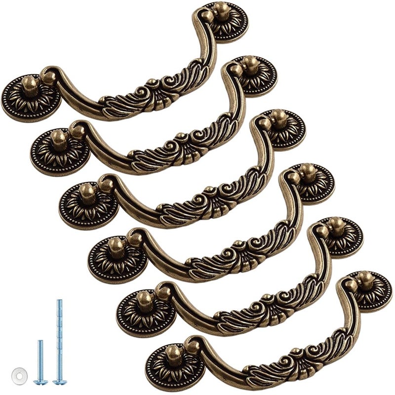ESreake 6PCS Antique Bronze Drop Bail Pulls,Vintage Carved Cabinet Pulls Handles,5.0" Hole Centers Retro Drawer Knobs,Texture on Handle for Drawer Dresser Closet with Screws (Large 5" Hole Centers) - Image 1