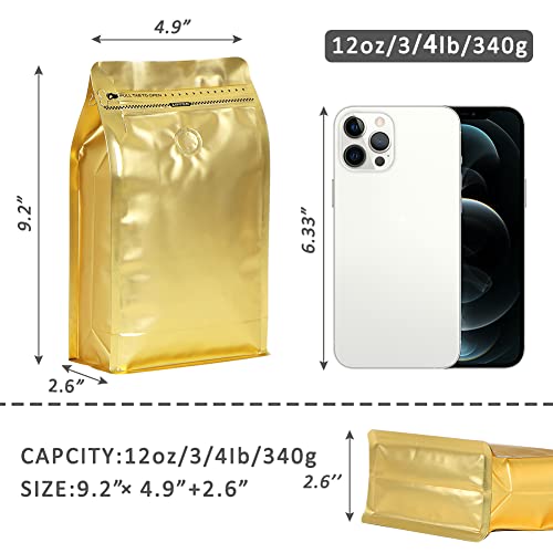 REMTAP coffee bags with Valve High Barrier Aluminumed Foil Flat Bottom Standing Coffee Beans Storage Bags,Reusable Heat Sealable Side Zipper Pouches (12oz/50pcs, Gold) - Image 2
