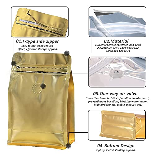 REMTAP coffee bags with Valve High Barrier Aluminumed Foil Flat Bottom Standing Coffee Beans Storage Bags,Reusable Heat Sealable Side Zipper Pouches (12oz/50pcs, Gold) - Image 3