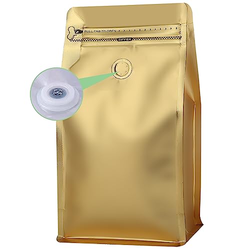 REMTAP coffee bags with Valve High Barrier Aluminumed Foil Flat Bottom Standing Coffee Beans Storage Bags,Reusable Heat Sealable Side Zipper Pouches (12oz/50pcs, Gold) - Image 1