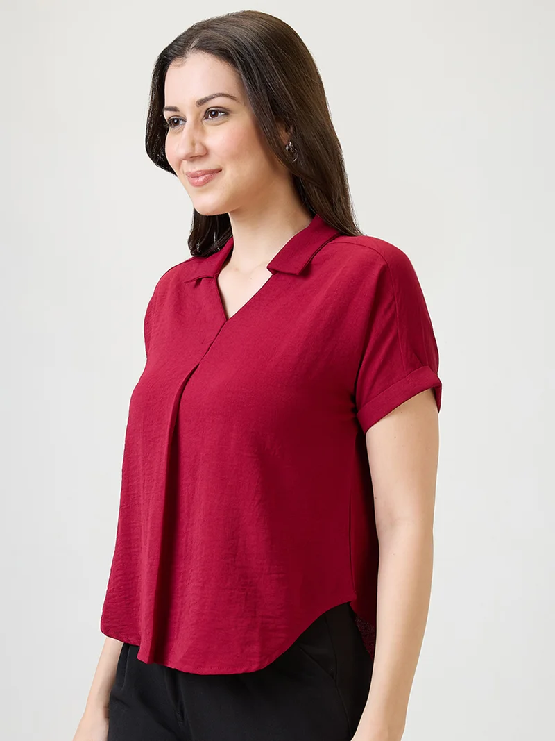 globus Globus Women Magenta Collar Neck Extended Sleeves Self Design Shirt Style Workwear Top