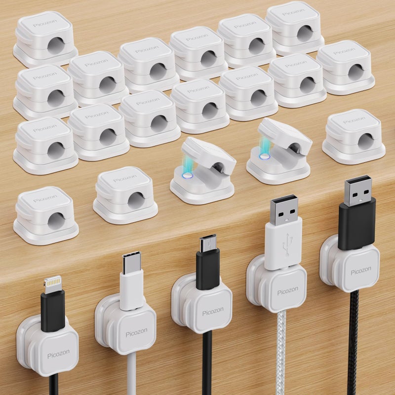 Picozon 24 Pack Magnetic Cable Clip Organizer Cord Holder, Picozon Adhesive Cable Management, Wire Phone USB Charger Cable Holder, Keeper Organizer for Office Home Desktop Table - White - Image 1