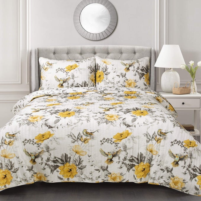 PENROSE FLORAL 3 PIECE QUILT SET FULLQUEEN YELLOW GRAY