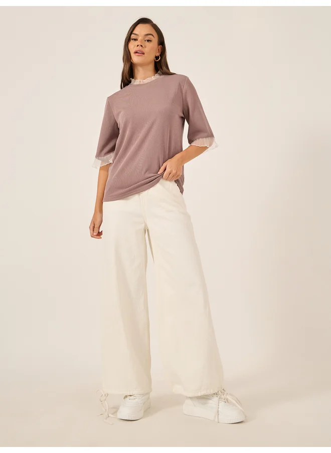 ستايلي Styli Ribbed Lace Detail Elbow Sleeve Relaxed Fit T-Shirt