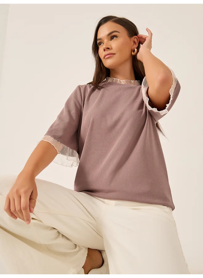 ستايلي Styli Ribbed Lace Detail Elbow Sleeve Relaxed Fit T-Shirt